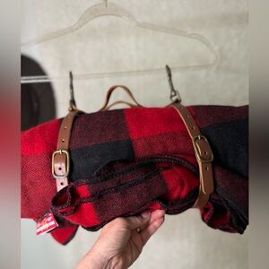 Vintage MARLBORO Red / Black Plaid Wool Blanket 74" X 60" with Leather Straps
